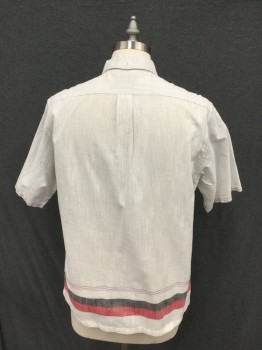 Mens, Casual Shirt, MC GREGOR, White, Red, Black, Linen, Cotton, Plaid - Tattersall, Stripes, L, Self Ghost Tattersall, Button Down Collar, Button Front, Short Sleeves, Slit Pocket