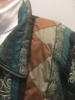 GALLERY, Brown, Forest Green, Cream, Gold, Poly/Cotton, Nylon, Color Blocking, Swirl , Winter Puffer Jacket, Geometric Panels, Gold/Black Iridescent Trim, Swirled White Embroidery on Some Panels, Zip Front, Dolman Sleeve, Padded Shoulders, Late 1980's/Early 1990's