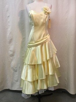 Womens, Evening Gown, NO LABEL, Yellow, Synthetic, Solid, W 26, B 34, H 32, 3 Tiers, V-neck, Floral Appliqué, Spaghetti Straps, Self Waist Sash, Lace Hem, Small