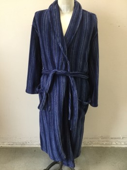 Mens, Bathrobe, STAFFORD, Navy Blue, Blue, Gray, Polyester, Stripes - Vertical , OSFM, Navy with Blue and Gray Vertical Stripes, Plush Fleecy Material, Long Sleeves, Shawl Lapel, 2 Patch Pockets at Hips, Sash Belt Attached at Center Back Waist