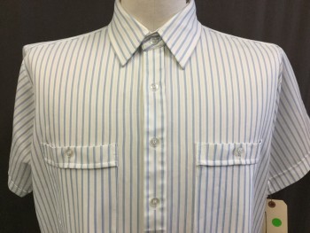 HUBAND, White, Polyester, Cotton, with Shadow Very Light Gray and Baby Blue Vertical Stripes, Collar Attached, 2 Pockets with Button, Button Front, Short Sleeves,