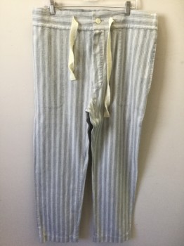 Mens, 1930s Vintage, Pajama Pant, P2, N/L MTO, Gray, White, Dk Gray, Cotton, Stripes - Vertical , W:32, L, Flannel, Large Cream Drawstrings at Waist, 1 Button at Waist, 2 Side Pockets, Made To Order