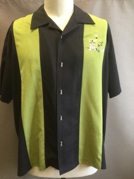 Mens, Hawaiian Shirt, STEADY LAST CALL, Black, Chartreuse Green, Polyester, Stripes, 3XL, Notched Lapel, Chartreuse and Black Panel Stripe, Tikki and Pineapple Embroidery on Chest, Tikki Pewter Buttons, Short Sleeves,