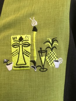 Mens, Hawaiian Shirt, STEADY LAST CALL, Black, Chartreuse Green, Polyester, Stripes, 3XL, Notched Lapel, Chartreuse and Black Panel Stripe, Tikki and Pineapple Embroidery on Chest, Tikki Pewter Buttons, Short Sleeves,