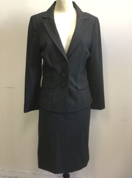 Womens, Suit, Jacket, CLASSIQUES ENTIER, Dk Gray, Brown, Polyester, Rayon, Stripes - Pin, 6, Dark Gray with Brown Pinstripes, Single Breasted, Notched Lapel, 3 Buttons,  3 Flap Pockets, Fitted, Rusty Brown Satin Lining