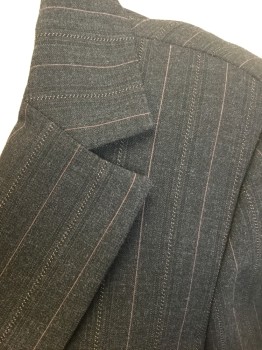 Womens, Suit, Jacket, CLASSIQUES ENTIER, Dk Gray, Brown, Polyester, Rayon, Stripes - Pin, 6, Dark Gray with Brown Pinstripes, Single Breasted, Notched Lapel, 3 Buttons,  3 Flap Pockets, Fitted, Rusty Brown Satin Lining