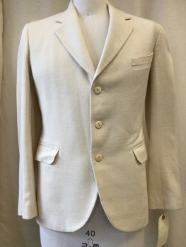 Mens, 1930s Vintage, Suit, Jacket, MTO, Ivory White, Silk, Linen, Solid, 40 R, Made To Order, 3 Buttons,  Notched Lapel,