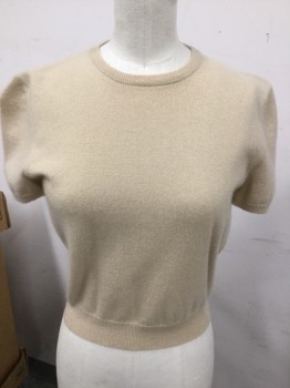 Womens, Pullover, TSE, Tan Brown, Cashmere, Solid, S, Knit, Short Puffy Sleeves, Round Neck,  Fitted, Short Waisted