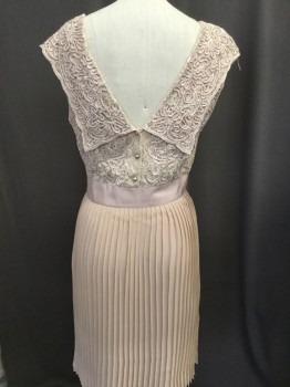 Womens, Evening Gown, TED BAKER, Blush Pink, Silk, Solid, 2, Boat Neck, Sleeveless, Lace Bodice, Wide Grosgrain Waist, Fan Pleated Chiffon Skirt, Back Has Peaked Collar, 3 Button