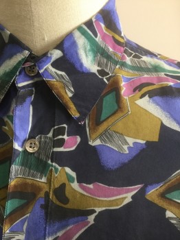 VIVA SETA, Midnight Blue, Purple, Cornflower Blue, Teal Green, Ochre Brown-Yellow, Silk, Geometric, Abstract , Jewel Tone Abstract Pattern, Long Sleeve Button Front, Collar Attached, 1 Pocket, Early 1990's