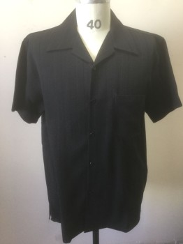 PRONTI, Black, Polyester, Solid, Crinkled Texture Fabric, Short Sleeve Button Front, Collar Attached, 1 Patch Pocket, Oversized Fit,
