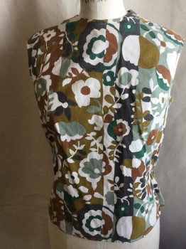 KORET OF CA, Sage Green, Off White, Brown, Faded Black, Green, Cotton, Polyester, Floral, Crew Neck, Button Back, Sleeveless,