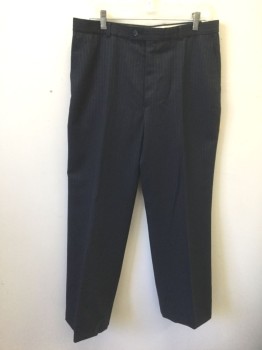 Mens, 1980s Vintage, Suit, Pants, YVES ST. LAURENT, Navy Blue, Lt Gray, Wool, Stripes - Pin, Ins:29, W:34, Flat Front, Button Tab Waist, Zip Fly, 4 Pockets,
