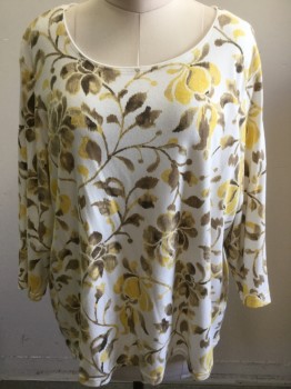 Womens, Top, KAREN SCOTT, White, Yellow, Brown, Cotton, Floral, 3X, Pull Over, 3/4 Sleeve, Scoop Neck
