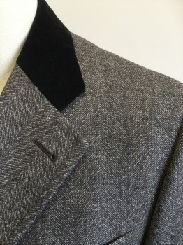 CANALI, Dk Brown, Cream, Wool, Herringbone, Appears Heathered Brown, Solid Black Velvet Collar Attached, Notched Lapel, 4 Pockets, Single Breasted, Hidden Placket
