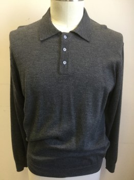 Mens, Pullover Sweater, JOS. A. BANKS, Gray, Wool, Solid, 42, Large, Polo, 3 Buttons,  Long Sleeves,