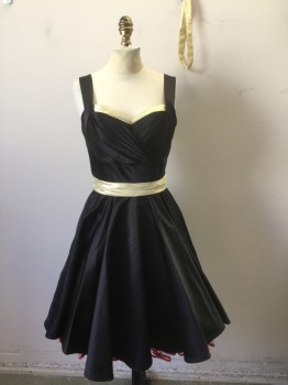 UNIQUE VINTAGE, Black, Gold, Red, Polyester, Solid, Satin, Sleeveless With 1" Wide Straps, Pleated Detail At Bust, Gold Metallic Lamé Added At Bust, Waistband, Full Circle Skirt With Red Tulle Petticoat Under Layer Attached, Retro 50's Inspired,