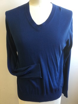 Mens, Pullover Sweater, BANANA REPUBLIC, Dk Blue, Silk, Linen, Solid, Large, V-neck, Long Sleeves,