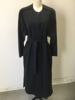 Womens, Coat, TED LAPIDUS, Black, Wool, Solid, B:36, Gabardine, Unusual/Esoteric Design, 1 Button at Neck, with Gap Between Bottom 3 Buttons,  Ankle Length, Dolman Sleeves with Large Pleat Across Shoulder Seam, Padded Shoulders, Round Neck, **Comes with Matching Fabric Belt
