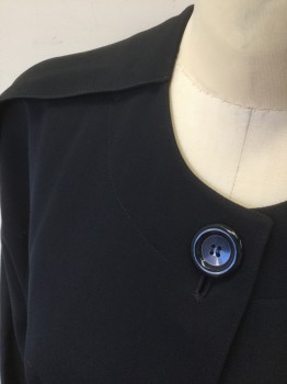 Womens, Coat, TED LAPIDUS, Black, Wool, Solid, B:36, Gabardine, Unusual/Esoteric Design, 1 Button at Neck, with Gap Between Bottom 3 Buttons,  Ankle Length, Dolman Sleeves with Large Pleat Across Shoulder Seam, Padded Shoulders, Round Neck, **Comes with Matching Fabric Belt