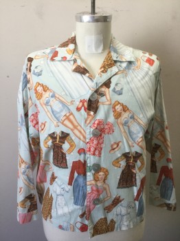 Mens, Sleepwear PJ Top, THE CAT'S PAJAMAS, Lt Blue, Multi-color, Cotton, Human Figure, Novelty Pattern, S, Pale Blue with Pin Up Retro 1950's Girls Paper Dolls Pattern, Long Sleeves, Button Front, Notched Collar Attached
