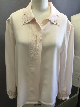 LUEN FAT, Peachy Pink, Polyester, Solid, Button Front, Long Sleeves, Collar Attached, Self Embroidery and Eyelet Detail on Collar and Hidden Placket,
