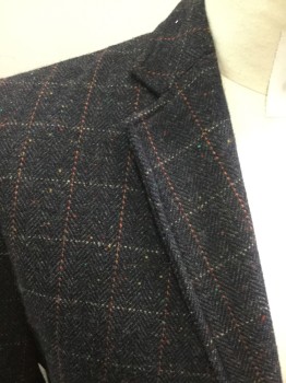 Mens, Sportcoat/Blazer, BARQUE, Black, Red, White, Wool, Polyester, Tweed, Grid , M, Single Breasted, Collar Attached, Notched Lapel, 3 Pockets, 2 Buttons,