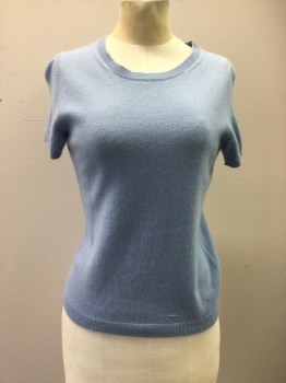 Womens, Pullover, BLOOMINGDALES, Lt Blue, Cashmere, Solid, M, Short Sleeves, Ribbed Knit Scoop Neck/Sleeve Cuff/Waistband