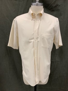 STAFFORD, Eggshell White, Cotton, Polyester, Solid, Button Front, Collar Attached, Button Down Collar, Short Sleeves, Doubles