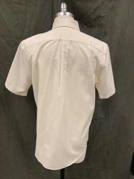 STAFFORD, Eggshell White, Cotton, Polyester, Solid, Button Front, Collar Attached, Button Down Collar, Short Sleeves, Doubles