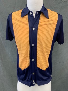 CAMPUS, Navy Blue, Goldenrod Yellow, Acetate, Color Blocking, Goldenrod Ribbed Knit Front Panels, Navy Rest of Shirt, 2 Pockets, Button Front, Collar Attached, Short Sleeves, Front Waistband, Side Waistband Buttons, Small Hole in Left Shoulder,