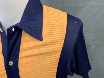 CAMPUS, Navy Blue, Goldenrod Yellow, Acetate, Color Blocking, Goldenrod Ribbed Knit Front Panels, Navy Rest of Shirt, 2 Pockets, Button Front, Collar Attached, Short Sleeves, Front Waistband, Side Waistband Buttons, Small Hole in Left Shoulder,