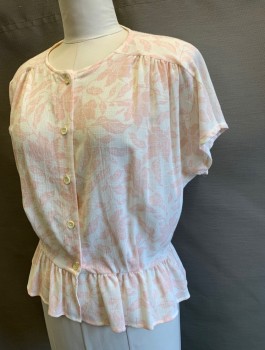 KORET, Off White, Lt Pink, Rayon, Leaves/Vines , Short Sleeves, Button Front, Round Neck, Padded Shoulders, Ruffled Peplum Waist,