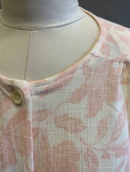 KORET, Off White, Lt Pink, Rayon, Leaves/Vines , Short Sleeves, Button Front, Round Neck, Padded Shoulders, Ruffled Peplum Waist,