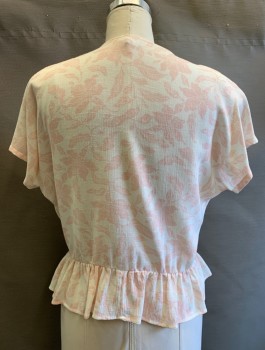 Womens, 1980s Vintage, Top, KORET, Off White, Lt Pink, Rayon, Leaves/Vines , B:42, Short Sleeves, Button Front, Round Neck, Padded Shoulders, Ruffled Peplum Waist,
