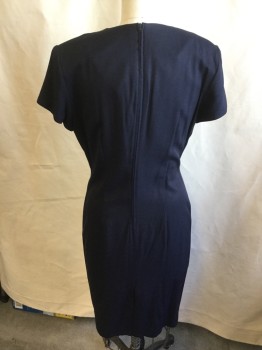 DANNY & NICOLE, Navy Blue, Cream, Rayon, Acetate, Solid, Cream Insert/Underlayer, Navy Short Sleeves/Top Layer, Shawl Collar, 1 Button At Waist, Knee Length, Zipper In Back