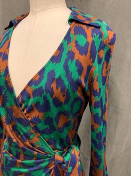 DVF, Green, Navy Blue, Brown, Silk, Abstract , Surplice Top, Collar Attached, Long Sleeves, Horizontal Pleated at Waist, Self Attached Belt