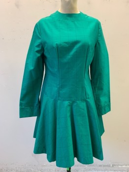 MTO, Teal Green, Black, Synthetic, Grid , Long Sleeves, Round Neck,  Long Bust Darts, Circle Skirt, Center Back Metal Zipper,