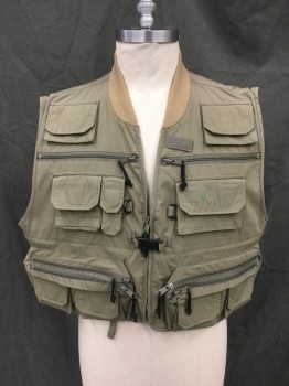 Mens, Wilderness Vest, PACIFIC FLY, Olive Green, Polyester, Cotton, Solid, 2XL, Zip Front, V-neck, Lots of Pockets, Back Zip Yoke Vent, Tab Plastic Snap Front, Ribbed Knit Bomber Collar, 1 Back Kangaroo Pocket, 2 Back Zip Pockets, Hunting and Fishing