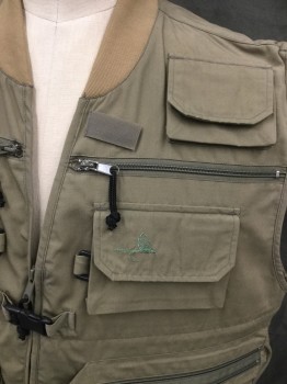 Mens, Wilderness Vest, PACIFIC FLY, Olive Green, Polyester, Cotton, Solid, 2XL, Zip Front, V-neck, Lots of Pockets, Back Zip Yoke Vent, Tab Plastic Snap Front, Ribbed Knit Bomber Collar, 1 Back Kangaroo Pocket, 2 Back Zip Pockets, Hunting and Fishing