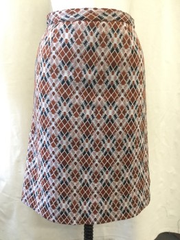 N/L, Rust Orange, White, Black, Polyester, Diamonds, Abstract , Double Knit, A-line, Back Zipper, Waistband, Lined