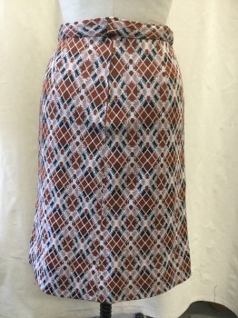 N/L, Rust Orange, White, Black, Polyester, Diamonds, Abstract , Double Knit, A-line, Back Zipper, Waistband, Lined