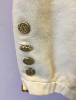 Mens, Historical Fiction Pants, N/L, Cream, Cotton, Solid, W:38, Military Uniform Breeches, Brushed Twill, Faux Fall Front, Knee Length, Invisible Zipper at Side, 2 Self Fabric Buttons at Fly, 1 Faux Welt Pocket, Lace Up at Center Back, Gold Buttons at Hem, Multiples, Late 1700's Early 1800's Made To Order Reproduction