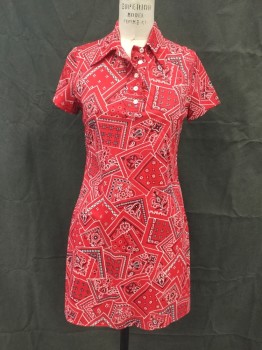 SEARS, Red, Black, White, Polyester, Novelty Pattern, Bandana Print, Pullover, Short Sleeves, Collar Attached, 5 Button Placket, Knee Length