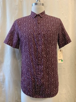 TOPMAN, Red Burgundy, White, Cotton, Novelty Pattern, Burgundy with Different Flying Bird Shapes, Collar Attached, Button Front, 1 Pocket, Short Sleeves,  Curved Hem