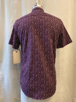 TOPMAN, Red Burgundy, White, Cotton, Novelty Pattern, Burgundy with Different Flying Bird Shapes, Collar Attached, Button Front, 1 Pocket, Short Sleeves,  Curved Hem