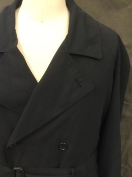 Mens, Coat, Trenchcoat, BILL BLASIO, Black, Polyester, Solid, 44, Double Breasted, CA, Notched Lapel, 2 Pockets, Raglan L/S, Button Tab Cuff, Self Belt with Buckle, Belt Loops, Zip Detachable Lining, Vent Back, Center Back Vent