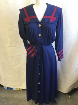 CYNTHIA HOWE, Navy Blue, Dk Red, Cotton, Wool, Solid, Sailor Collar, Dark Red Ribbon Trim, V-Neck, Large Gold Buttons At Front, 3/4 Sleeves, Knee Length