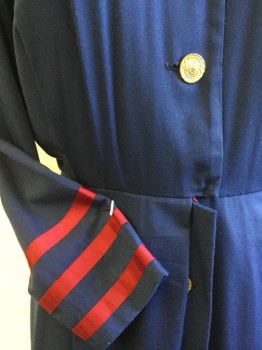 CYNTHIA HOWE, Navy Blue, Dk Red, Cotton, Wool, Solid, Sailor Collar, Dark Red Ribbon Trim, V-Neck, Large Gold Buttons At Front, 3/4 Sleeves, Knee Length