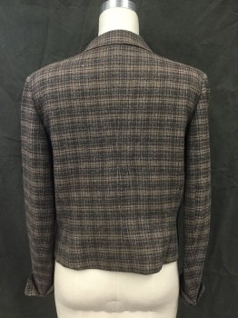 Womens, 1950s Vintage, Suit, Jacket, GLADDING'S, Brown, Blue-Gray, Lt Brown, Wool, Tweed, Stripes, W 32, B 38, L42, Button Front, Rounded Collar, Long Sleeves, Attached Self Ribbon Bows Above Chest, Rolled Back Curved Cuff, *small Hole in Upper Back*